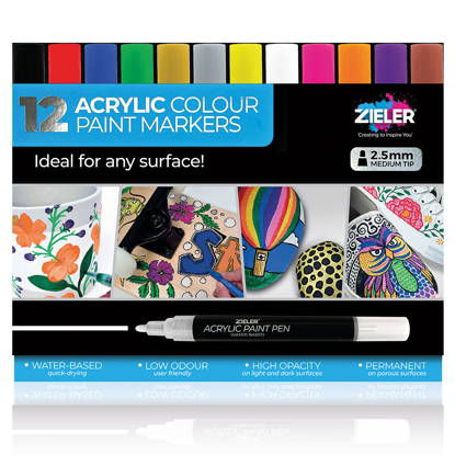 Zieler Acrylic Paint Marker Pens, Bright, 12 stk